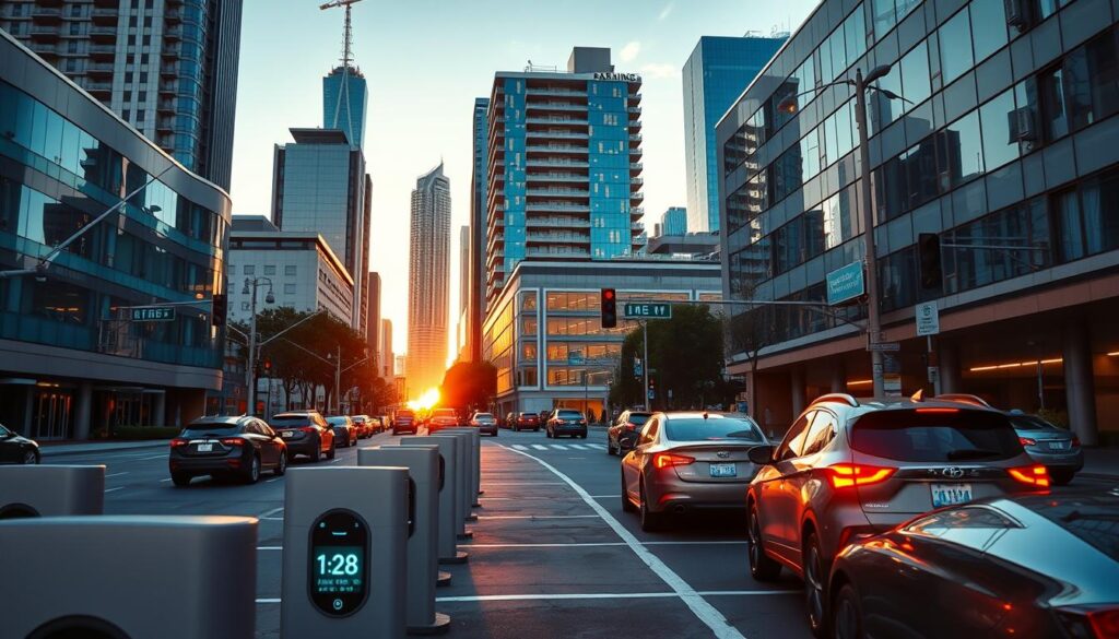 A bustling urban street scene at golden hour, with a focus on a state-of-the-art smart parking system. In the foreground, sleek sensor-equipped parking spaces display real-time availability, guiding drivers to open spots. In the middle ground, a mixed-use building features an electronic parking guidance system, directing vehicles to available floors and spots. The background showcases a modern city skyline, with towering high-rises and traffic signals seamlessly integrated with the parking infrastructure. The lighting is warm and inviting, creating a sense of efficiency and technological innovation in addressing the challenges of urban parking. A bustling urban street scene at golden hour, with a focus on a state-of-the-art smart parking system. In the foreground, sleek sensor-equipped parking spaces display real-time availability, guiding drivers to open spots. In the middle ground, a mixed-use building features an electronic parking guidance system, directing vehicles to available floors and spots. The background showcases a modern city skyline, with towering high-rises and traffic signals seamlessly integrated with the parking infrastructure. The lighting is warm and inviting, creating a sense of efficiency and technological innovation in addressing the challenges of urban parking.