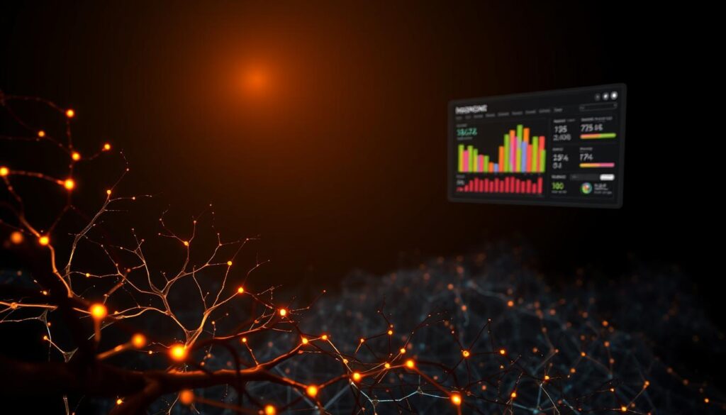 A cerebral landscape depicting the neuroscience behind digital engagement. In the foreground, a neural network of synapses and neurons pulsing with electric impulses, bathed in a warm glow. In the middle ground, a data visualization of user engagement metrics - scrolling patterns, click-through rates, time spent on site - represented as a dynamic, colorful display. In the background, a minimalist interface of an AI-powered content recommendation system, its algorithms subtly guiding the user's digital journey. Soft, dramatic lighting casts an introspective mood, inviting the viewer to contemplate the invisible mechanisms powering their digital experiences. A cerebral landscape depicting the neuroscience behind digital engagement. In the foreground, a neural network of synapses and neurons pulsing with electric impulses, bathed in a warm glow. In the middle ground, a data visualization of user engagement metrics - scrolling patterns, click-through rates, time spent on site - represented as a dynamic, colorful display. In the background, a minimalist interface of an AI-powered content recommendation system, its algorithms subtly guiding the user's digital journey. Soft, dramatic lighting casts an introspective mood, inviting the viewer to contemplate the invisible mechanisms powering their digital experiences.