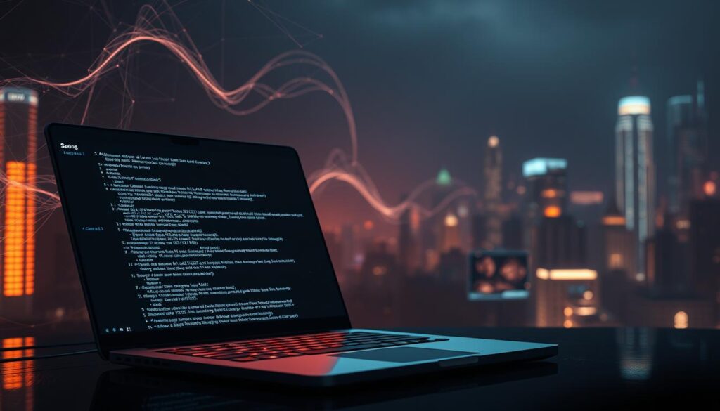 A cinematic digital backdrop, with a scriptwriter's laptop prominently displayed in the foreground, its screen showcasing a dynamic, AI-generated screenplay. In the middleground, ethereal lines of code and algorithmic patterns swirl and cascade, hinting at the technological underpinnings of this creative process. The background is shrouded in a moody, atmospheric lighting, with hints of futuristic cityscapes and holographic interfaces visible in the distance, conveying the sense of a bold, innovative filmmaking landscape shaped by AI. The overall composition exudes a sense of creative synergy between human artistry and technological advancement. A cinematic digital backdrop, with a scriptwriter's laptop prominently displayed in the foreground, its screen showcasing a dynamic, AI-generated screenplay. In the middleground, ethereal lines of code and algorithmic patterns swirl and cascade, hinting at the technological underpinnings of this creative process. The background is shrouded in a moody, atmospheric lighting, with hints of futuristic cityscapes and holographic interfaces visible in the distance, conveying the sense of a bold, innovative filmmaking landscape shaped by AI. The overall composition exudes a sense of creative synergy between human artistry and technological advancement.