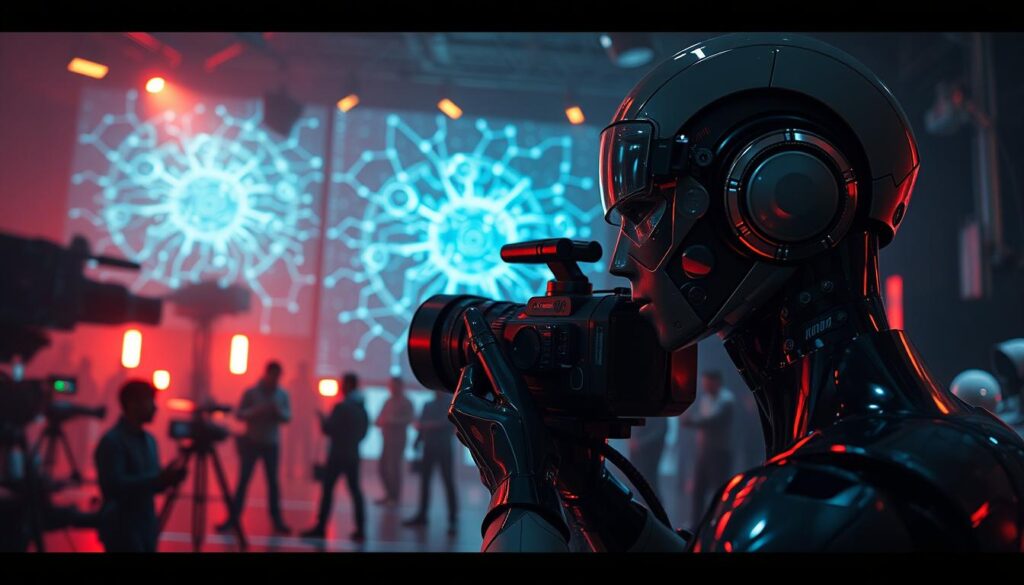A cinematic dystopia of artificial intelligence innovations. In the foreground, a sleek android director peers through a high-tech camera, framing the shot with calculated precision. Surrounding the android, a futuristic film set bustles with robotic crew members and hovering cameras, capturing the essence of an AI-generated narrative. In the middle ground, an otherworldly holographic projection displays a complex neural network, visualizing the machine learning algorithms powering the production. The background is shrouded in a moody, neon-tinged atmosphere, hinting at the cutting-edge, yet unsettling nature of this new era of cinematic storytelling. A cinematic dystopia of artificial intelligence innovations. In the foreground, a sleek android director peers through a high-tech camera, framing the shot with calculated precision. Surrounding the android, a futuristic film set bustles with robotic crew members and hovering cameras, capturing the essence of an AI-generated narrative. In the middle ground, an otherworldly holographic projection displays a complex neural network, visualizing the machine learning algorithms powering the production. The background is shrouded in a moody, neon-tinged atmosphere, hinting at the cutting-edge, yet unsettling nature of this new era of cinematic storytelling.