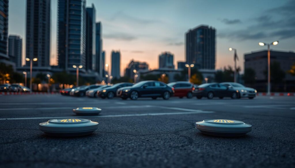 A cityscape at dusk, with a focus on a sophisticated sensor-based parking system. In the foreground, sleek, discreet sensors are embedded in the pavement, their LED indicators glowing softly. In the middle ground, a series of cars are neatly parked, their positions tracked by the system. In the background, modern high-rise buildings and streetlights create a subtly lit urban environment. The scene conveys a sense of efficiency, technology, and the seamless integration of smart infrastructure into the urban landscape. A cityscape at dusk, with a focus on a sophisticated sensor-based parking system. In the foreground, sleek, discreet sensors are embedded in the pavement, their LED indicators glowing softly. In the middle ground, a series of cars are neatly parked, their positions tracked by the system. In the background, modern high-rise buildings and streetlights create a subtly lit urban environment. The scene conveys a sense of efficiency, technology, and the seamless integration of smart infrastructure into the urban landscape.