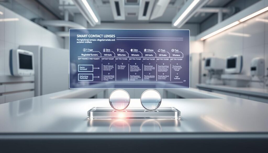 A clinical laboratory with advanced medical equipment, pristine white surfaces, and a sense of technological innovation. In the foreground, a pair of smart contact lenses rests on a glass slide, illuminated by a focused beam of light. The middle ground showcases a touchscreen display, displaying a detailed regulatory pathway for the lenses, complete with stages, milestones, and regulatory hurdles. In the background, a holographic projection highlights the lens' key features, such as embedded sensors and wireless connectivity. The overall atmosphere is one of scientific rigor, precision, and the promise of a future where smart contact lenses revolutionize our augmented vision capabilities. A clinical laboratory with advanced medical equipment, pristine white surfaces, and a sense of technological innovation. In the foreground, a pair of smart contact lenses rests on a glass slide, illuminated by a focused beam of light. The middle ground showcases a touchscreen display, displaying a detailed regulatory pathway for the lenses, complete with stages, milestones, and regulatory hurdles. In the background, a holographic projection highlights the lens' key features, such as embedded sensors and wireless connectivity. The overall atmosphere is one of scientific rigor, precision, and the promise of a future where smart contact lenses revolutionize our augmented vision capabilities.
