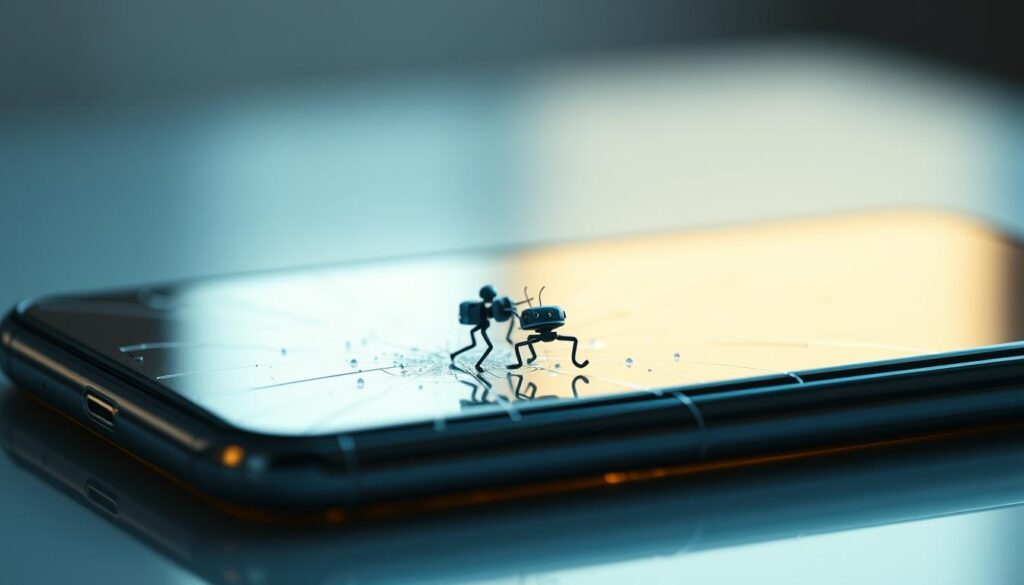 A close-up of a futuristic smartphone screen, its surface glistening with a self-healing polymer coating. The screen appears cracked, but tiny nano-scale robots swarm across the surface, seamlessly repairing the damage. Soft, diffused lighting illuminates the screen from an unseen source, creating a sense of technological wonder. The background is blurred, putting the self-healing process in sharp focus. The overall mood is one of amazement and intrigue, showcasing the cutting-edge potential of this revolutionary technology. A close-up of a futuristic smartphone screen, its surface glistening with a self-healing polymer coating. The screen appears cracked, but tiny nano-scale robots swarm across the surface, seamlessly repairing the damage. Soft, diffused lighting illuminates the screen from an unseen source, creating a sense of technological wonder. The background is blurred, putting the self-healing process in sharp focus. The overall mood is one of amazement and intrigue, showcasing the cutting-edge potential of this revolutionary technology.