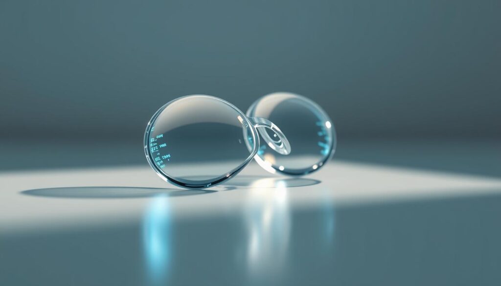 A close-up of a pair of smart contact lenses resting on a smooth, reflective surface. The lenses have a sleek, futuristic design with subtle integrated electronics visible. Glowing blue circuitry and a crystalline, translucent appearance give the lenses an air of advanced technology. Soft, directional lighting from the side casts dynamic shadows, highlighting the intricate details and precision engineering. The background is a muted, gradient-based environment that allows the lenses to take center stage, conveying a sense of innovation and the evolution of augmented vision. A close-up of a pair of smart contact lenses resting on a smooth, reflective surface. The lenses have a sleek, futuristic design with subtle integrated electronics visible. Glowing blue circuitry and a crystalline, translucent appearance give the lenses an air of advanced technology. Soft, directional lighting from the side casts dynamic shadows, highlighting the intricate details and precision engineering. The background is a muted, gradient-based environment that allows the lenses to take center stage, conveying a sense of innovation and the evolution of augmented vision.