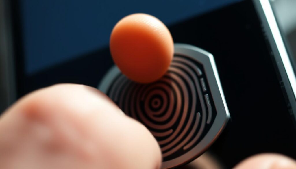 A close-up view of a biometric spoofing attempt, showcasing a 3D-printed silicone finger pressing against a fingerprint sensor. The finger appears lifelike, with detailed ridges and pores, illuminated by soft, directional lighting that casts subtle shadows. The sensor is depicted in the middle ground, its metallic surface reflecting the finger's texture. The background is blurred, creating a sense of depth and focus on the central action. The overall mood is one of technical precision and the subversive nature of biometric vulnerabilities. A close-up view of a biometric spoofing attempt, showcasing a 3D-printed silicone finger pressing against a fingerprint sensor. The finger appears lifelike, with detailed ridges and pores, illuminated by soft, directional lighting that casts subtle shadows. The sensor is depicted in the middle ground, its metallic surface reflecting the finger's texture. The background is blurred, creating a sense of depth and focus on the central action. The overall mood is one of technical precision and the subversive nature of biometric vulnerabilities.