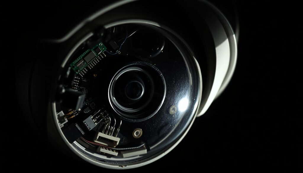 A close-up view of a security camera's interior, exposing its vulnerabilities. Intricate circuit boards, exposed wiring, and a partially dismantled housing reveal the complex and delicate nature of these surveillance devices. The lighting is harsh, casting deep shadows that highlight the camera's flaws and potential entry points for cyber-attacks. The angle emphasizes the camera's fragility, suggesting its susceptibility to tampering or hacking. The overall mood conveys a sense of unease, highlighting the need for robust security measures to protect these ubiquitous surveillance tools. A close-up view of a security camera's interior, exposing its vulnerabilities. Intricate circuit boards, exposed wiring, and a partially dismantled housing reveal the complex and delicate nature of these surveillance devices. The lighting is harsh, casting deep shadows that highlight the camera's flaws and potential entry points for cyber-attacks. The angle emphasizes the camera's fragility, suggesting its susceptibility to tampering or hacking. The overall mood conveys a sense of unease, highlighting the need for robust security measures to protect these ubiquitous surveillance tools.