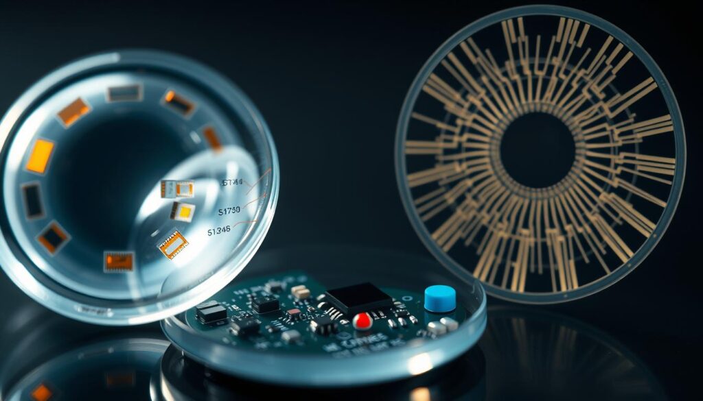 A close-up view of the intricate components that make up a smart contact lens. In the foreground, a transparent, curved lens housing various embedded sensors and microchips. Midground features a circuit board with delicate conductive traces, tiny LEDs, and a miniature power source. In the background, a magnified view of the lens material, revealing the intricate polymer structure and light-refracting properties. Overall, the scene conveys a sense of technological sophistication and the integration of advanced electronics within a compact, wearable form factor. Dramatic studio lighting highlights the precision engineering and futuristic aesthetic of smart contact lens technology. A close-up view of the intricate components that make up a smart contact lens. In the foreground, a transparent, curved lens housing various embedded sensors and microchips. Midground features a circuit board with delicate conductive traces, tiny LEDs, and a miniature power source. In the background, a magnified view of the lens material, revealing the intricate polymer structure and light-refracting properties. Overall, the scene conveys a sense of technological sophistication and the integration of advanced electronics within a compact, wearable form factor. Dramatic studio lighting highlights the precision engineering and futuristic aesthetic of smart contact lens technology.