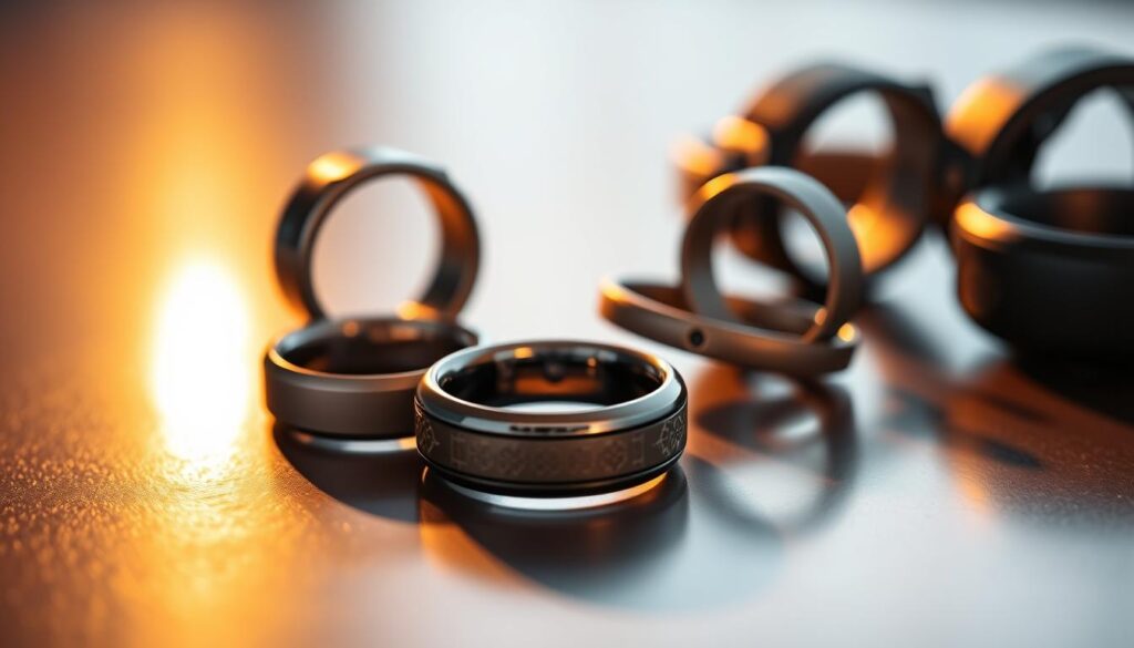 A close-up view of various biometric rings in different shapes, colors, and materials. The rings are arranged on a flat, reflective surface, bathed in warm, directional lighting that accentuates their sleek, minimalist designs. The rings feature subtle textures, intricate patterns, and embedded sensors, hinting at their advanced technological capabilities. The image conveys a sense of sophistication, innovation, and the potential of biometric technology to seamlessly integrate with our daily lives, potentially replacing traditional fitness trackers. A close-up view of various biometric rings in different shapes, colors, and materials. The rings are arranged on a flat, reflective surface, bathed in warm, directional lighting that accentuates their sleek, minimalist designs. The rings feature subtle textures, intricate patterns, and embedded sensors, hinting at their advanced technological capabilities. The image conveys a sense of sophistication, innovation, and the potential of biometric technology to seamlessly integrate with our daily lives, potentially replacing traditional fitness trackers.