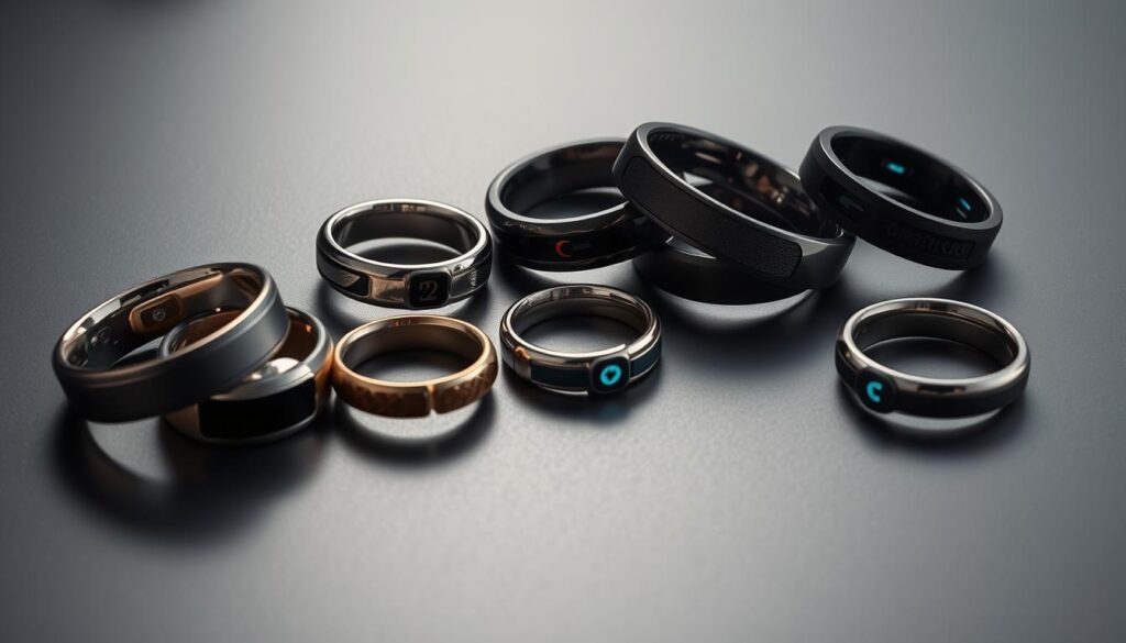 A collection of biometric rings resting on a minimalist, dark-colored surface. The rings feature a variety of styles, materials, and designs, showcasing the latest innovations in wearable technology. Close-up shots capture the intricate details, sensors, and displays integrated seamlessly into the bands. Soft, directional lighting illuminates the rings, highlighting their sleek profiles and creating subtle shadows that accentuate their three-dimensional nature. The overall aesthetic is modern, elegant, and emphasizes the practical and fashionable applications of these cutting-edge biometric devices. A collection of biometric rings resting on a minimalist, dark-colored surface. The rings feature a variety of styles, materials, and designs, showcasing the latest innovations in wearable technology. Close-up shots capture the intricate details, sensors, and displays integrated seamlessly into the bands. Soft, directional lighting illuminates the rings, highlighting their sleek profiles and creating subtle shadows that accentuate their three-dimensional nature. The overall aesthetic is modern, elegant, and emphasizes the practical and fashionable applications of these cutting-edge biometric devices.