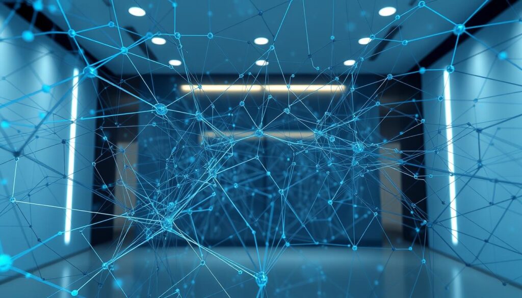 A complex neural network architecture, rendered in a sleek, modern style. The foreground depicts an intricate web of interconnected nodes and layers, with clean lines and geometric shapes in shades of blue and gray. The middle ground showcases the inner workings of the network, with data flows and signal pathways converging and diverging in a dynamic, interconnected display. The background features a minimalist, technologically-advanced setting, with subtle lighting and a sense of depth and dimensionality that enhances the overall architectural feel. The image conveys a sense of innovation, sophistication, and the power of neural networks to transform the design of NPC behavior in games. A complex neural network architecture, rendered in a sleek, modern style. The foreground depicts an intricate web of interconnected nodes and layers, with clean lines and geometric shapes in shades of blue and gray. The middle ground showcases the inner workings of the network, with data flows and signal pathways converging and diverging in a dynamic, interconnected display. The background features a minimalist, technologically-advanced setting, with subtle lighting and a sense of depth and dimensionality that enhances the overall architectural feel. The image conveys a sense of innovation, sophistication, and the power of neural networks to transform the design of NPC behavior in games.