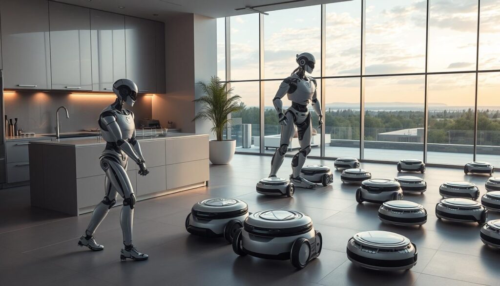 A cutting-edge home automation showroom, filled with sleek silver-and-chrome robot assistants. In the foreground, a nimble humanoid robot meticulously cleans a kitchen, its movements fluid and graceful. In the middle ground, a towering robotic chef effortlessly prepares a gourmet meal, sensors and cameras monitoring every step. In the background, a fleet of compact wheeled robots scurry about, vacuuming floors and tidying up. Soft ambient lighting casts a futuristic glow, while large windows provide a panoramic view of a sprawling smart home exterior. The overall scene conveys a sense of seamless integration, efficiency, and the limitless potential of domestic robotics. A cutting-edge home automation showroom, filled with sleek silver-and-chrome robot assistants. In the foreground, a nimble humanoid robot meticulously cleans a kitchen, its movements fluid and graceful. In the middle ground, a towering robotic chef effortlessly prepares a gourmet meal, sensors and cameras monitoring every step. In the background, a fleet of compact wheeled robots scurry about, vacuuming floors and tidying up. Soft ambient lighting casts a futuristic glow, while large windows provide a panoramic view of a sprawling smart home exterior. The overall scene conveys a sense of seamless integration, efficiency, and the limitless potential of domestic robotics.
