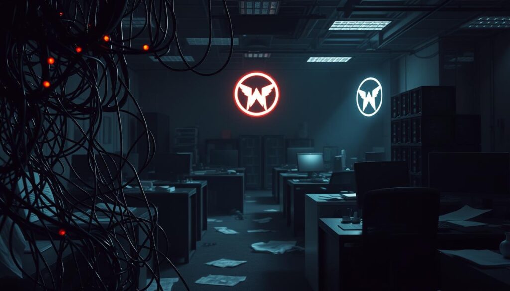 A dark and foreboding scene depicting the devastating impact of malware on a thriving business. In the foreground, a tangle of ominous-looking computer cables and circuits twist and turn, casting an eerie glow over a once-bustling office space now in disarray. Desks lie overturned, papers scattered, and the air thick with a sense of panic and disruption. In the middle ground, a towering stack of servers stands silent and lifeless, their screens dark and unresponsive. In the background, the dim outlines of a once-proud company logo are barely visible, now obscured by the ominous shadow of a rapidly spreading cybersecurity breach. The lighting is harsh and dramatic, casting deep shadows and highlighting the sense of impending doom that hangs over the scene. A dark and foreboding scene depicting the devastating impact of malware on a thriving business. In the foreground, a tangle of ominous-looking computer cables and circuits twist and turn, casting an eerie glow over a once-bustling office space now in disarray. Desks lie overturned, papers scattered, and the air thick with a sense of panic and disruption. In the middle ground, a towering stack of servers stands silent and lifeless, their screens dark and unresponsive. In the background, the dim outlines of a once-proud company logo are barely visible, now obscured by the ominous shadow of a rapidly spreading cybersecurity breach. The lighting is harsh and dramatic, casting deep shadows and highlighting the sense of impending doom that hangs over the scene.