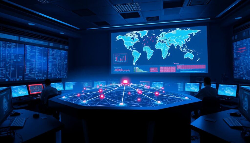 A dark, high-tech security control room with banks of screens displaying real-time threat data. In the foreground, a central console with a holographic display projecting a detailed visualization of an endpoint network, with nodes pulsing and connections dynamically updating. Ambient blue lighting casts an ominous glow, while a large main screen in the background shows a global threat map, with red alerts flashing across regions. Sleek, futuristic workstations are occupied by focused cybersecurity analysts, their expressions intense as they monitor and respond to emerging threats. An air of urgency pervades the scene, underscoring the critical role of Endpoint Detection and Response in the modern cybersecurity landscape. A dark, high-tech security control room with banks of screens displaying real-time threat data. In the foreground, a central console with a holographic display projecting a detailed visualization of an endpoint network, with nodes pulsing and connections dynamically updating. Ambient blue lighting casts an ominous glow, while a large main screen in the background shows a global threat map, with red alerts flashing across regions. Sleek, futuristic workstations are occupied by focused cybersecurity analysts, their expressions intense as they monitor and respond to emerging threats. An air of urgency pervades the scene, underscoring the critical role of Endpoint Detection and Response in the modern cybersecurity landscape.