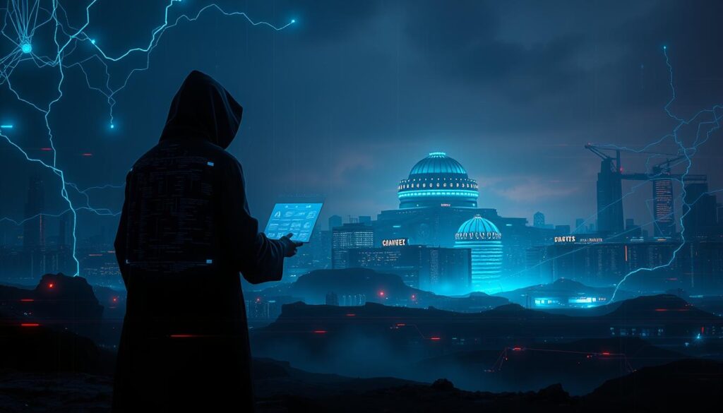 A dark, ominous cyberpunk landscape, illuminated by the eerie glow of holographic data streams and electric-blue cyber tendrils. In the foreground, a lone figure in a hooded robe stands in front of a towering digital fortress, their hands manipulating a complex interface of floating holograms and holographic code. In the background, the skyline is dominated by a massive AI control center, its domed architecture a testament to the power of advanced algorithms. Subtle glitches and electromagnetic interference distort the scene, creating a sense of impending technological upheaval. The overall atmosphere is one of foreboding and the unsettling realization that the future battlefield may be fought in the digital realm. A dark, ominous cyberpunk landscape, illuminated by the eerie glow of holographic data streams and electric-blue cyber tendrils. In the foreground, a lone figure in a hooded robe stands in front of a towering digital fortress, their hands manipulating a complex interface of floating holograms and holographic code. In the background, the skyline is dominated by a massive AI control center, its domed architecture a testament to the power of advanced algorithms. Subtle glitches and electromagnetic interference distort the scene, creating a sense of impending technological upheaval. The overall atmosphere is one of foreboding and the unsettling realization that the future battlefield may be fought in the digital realm.
