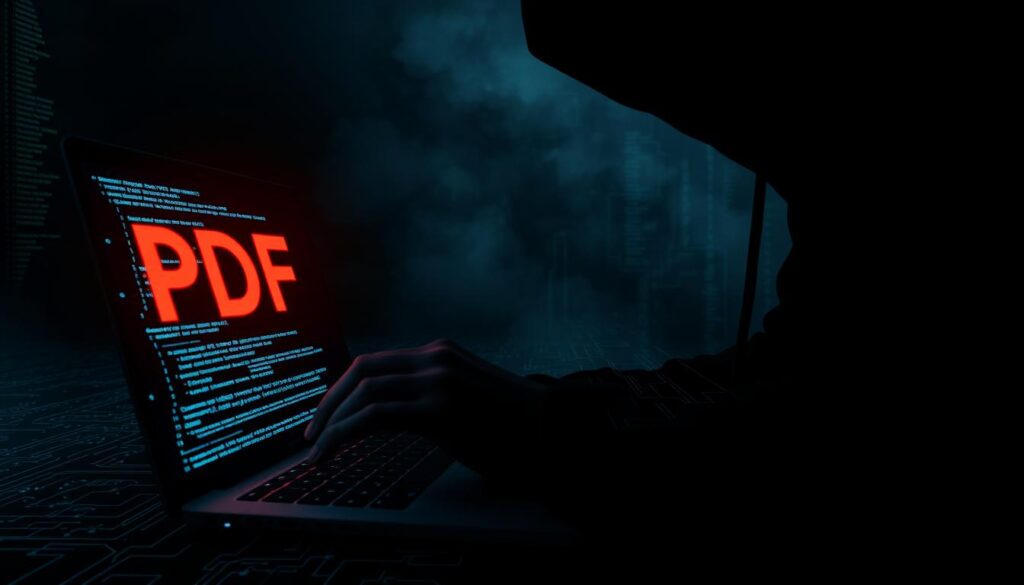 A dark, ominous scene of a PDF file being manipulated by malicious forces. In the foreground, a shadowy figure hovers over a laptop, their fingers deftly navigating the intricacies of the PDF. Sinister lines of code and data streams flow across the screen, casting an eerie glow. In the middle ground, a maze of digital pathways and vulnerabilities lie exposed, hinting at the deceptive nature of the PDF format. The background is shrouded in a haze of uncertainty, suggesting the far-reaching consequences of such exploits. The overall atmosphere is one of foreboding, where the viewer is left to ponder the potential dangers lurking within the seemingly innocuous PDF document. A dark, ominous scene of a PDF file being manipulated by malicious forces. In the foreground, a shadowy figure hovers over a laptop, their fingers deftly navigating the intricacies of the PDF. Sinister lines of code and data streams flow across the screen, casting an eerie glow. In the middle ground, a maze of digital pathways and vulnerabilities lie exposed, hinting at the deceptive nature of the PDF format. The background is shrouded in a haze of uncertainty, suggesting the far-reaching consequences of such exploits. The overall atmosphere is one of foreboding, where the viewer is left to ponder the potential dangers lurking within the seemingly innocuous PDF document.