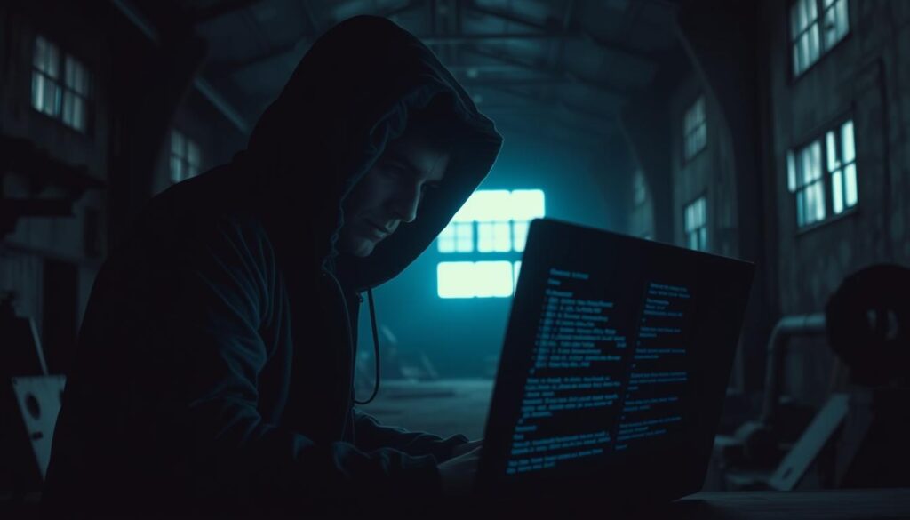 A dark, shadowy figure cloaked in black, hunched over a glowing computer screen, their face obscured by the hood of their jacket. Intricate lines of code scroll rapidly across the screen, casting an eerie glow on their features. The background is a dimly lit, abandoned warehouse, with broken windows and dilapidated machinery, conveying a sense of isolation and danger. The lighting is dramatic, with sharp contrasts of light and shadow, creating a sense of mystery and foreboding. The overall atmosphere is one of a criminal, clandestine operation, where the black hat hacker is engaged in illicit activities, driven by greed, malice, or a twisted sense of power. A dark, shadowy figure cloaked in black, hunched over a glowing computer screen, their face obscured by the hood of their jacket. Intricate lines of code scroll rapidly across the screen, casting an eerie glow on their features. The background is a dimly lit, abandoned warehouse, with broken windows and dilapidated machinery, conveying a sense of isolation and danger. The lighting is dramatic, with sharp contrasts of light and shadow, creating a sense of mystery and foreboding. The overall atmosphere is one of a criminal, clandestine operation, where the black hat hacker is engaged in illicit activities, driven by greed, malice, or a twisted sense of power.