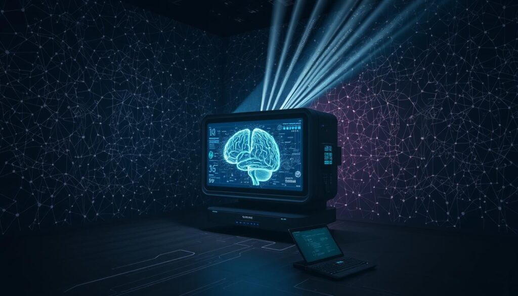 A darkened room, the walls adorned with intricate neural network diagrams. In the center, a futuristic machine pulses with data streams, its display showing a complex visualization of a human mind's subconscious. Beams of light emanate from the device, scanning and analyzing the patterns of a sleeping person's brainwaves. The scene is bathed in a soft, ethereal glow, evoking a sense of wonder and the mysteries of the human mind. The composition is balanced, with the machine taking center stage, surrounded by the technological elements that enable this automated dream analysis. The overall mood is contemplative, hinting at the potential for AI to unlock the secrets of our dreams and the inner workings of the subconscious. A darkened room, the walls adorned with intricate neural network diagrams. In the center, a futuristic machine pulses with data streams, its display showing a complex visualization of a human mind's subconscious. Beams of light emanate from the device, scanning and analyzing the patterns of a sleeping person's brainwaves. The scene is bathed in a soft, ethereal glow, evoking a sense of wonder and the mysteries of the human mind. The composition is balanced, with the machine taking center stage, surrounded by the technological elements that enable this automated dream analysis. The overall mood is contemplative, hinting at the potential for AI to unlock the secrets of our dreams and the inner workings of the subconscious.