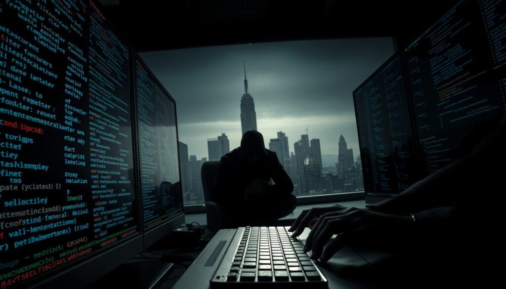 A data breach unfolds in stark detail, captured through a wide-angle lens. In the foreground, lines of code cascade across multiple screens, digits flickering ominously. The middle ground reveals a shadowy figure hunched over a keyboard, fingers flying as they infiltrate secure networks. Beyond, a cityscape looms, its skyscrapers casting long shadows, conveying a sense of unease and the far-reaching impact of this cybercrime. Dramatic lighting casts dramatic contrasts, heightening the tension and urgency of the scene. The overall atmosphere evokes a sense of technological vulnerability, the fragility of digital security, and the high stakes of geopolitical cyber conflicts. A data breach unfolds in stark detail, captured through a wide-angle lens. In the foreground, lines of code cascade across multiple screens, digits flickering ominously. The middle ground reveals a shadowy figure hunched over a keyboard, fingers flying as they infiltrate secure networks. Beyond, a cityscape looms, its skyscrapers casting long shadows, conveying a sense of unease and the far-reaching impact of this cybercrime. Dramatic lighting casts dramatic contrasts, heightening the tension and urgency of the scene. The overall atmosphere evokes a sense of technological vulnerability, the fragility of digital security, and the high stakes of geopolitical cyber conflicts.