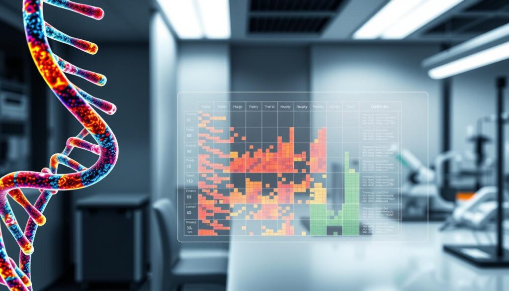 A detailed, data-driven visualization showcasing the intricate relationship between an individual's unique DNA profile and personalized meal plans. The foreground depicts a spiraling DNA helix, with vibrant hues and sharp edges, symbolizing the complexity of genetic information. In the middle ground, a heatmap-style grid analyzes and compares nutritional data, providing a visual representation of the optimization process. The background features a sleek, minimalist laboratory setting, with laboratory equipment and scientific instruments subtly hinting at the cutting-edge technology behind this genetic-based dietary approach. The overall composition conveys a sense of scientific rigor, technological advancement, and the promise of personalized nutrition for improved health and well-being. A detailed, data-driven visualization showcasing the intricate relationship between an individual's unique DNA profile and personalized meal plans. The foreground depicts a spiraling DNA helix, with vibrant hues and sharp edges, symbolizing the complexity of genetic information. In the middle ground, a heatmap-style grid analyzes and compares nutritional data, providing a visual representation of the optimization process. The background features a sleek, minimalist laboratory setting, with laboratory equipment and scientific instruments subtly hinting at the cutting-edge technology behind this genetic-based dietary approach. The overall composition conveys a sense of scientific rigor, technological advancement, and the promise of personalized nutrition for improved health and well-being.