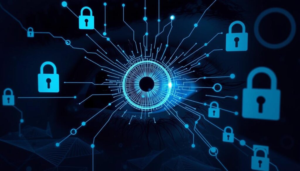 A digital eye scanning a human iris, with intricate data streams and network connections emanating from the lens. In the background, a shadowy figure represents the privacy concerns, with stylized locks and security icons overlaying the scene. The lighting is dramatic, with a cool, futuristic tone. The composition emphasizes the tension between the technological advancements and the underlying worries about data privacy and personal security. The overall mood is one of unease and uncertainty about the implications of smart contact lenses. A digital eye scanning a human iris, with intricate data streams and network connections emanating from the lens. In the background, a shadowy figure represents the privacy concerns, with stylized locks and security icons overlaying the scene. The lighting is dramatic, with a cool, futuristic tone. The composition emphasizes the tension between the technological advancements and the underlying worries about data privacy and personal security. The overall mood is one of unease and uncertainty about the implications of smart contact lenses.