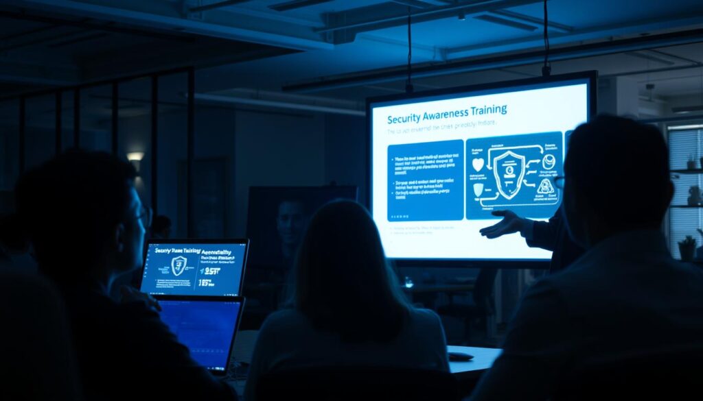 A dimly lit corporate office setting, with a laptop screen projecting a security awareness training presentation. Employees sit attentively, their faces illuminated by the display's glow. The scene conveys a sense of importance and focus, as the trainer gestures towards the screen, highlighting key security concepts. Soft lighting casts subtle shadows, creating a serious, professional atmosphere. The background features office furniture and decor, suggesting a modern, well-equipped workspace conducive to learning and collaboration. A dimly lit corporate office setting, with a laptop screen projecting a security awareness training presentation. Employees sit attentively, their faces illuminated by the display's glow. The scene conveys a sense of importance and focus, as the trainer gestures towards the screen, highlighting key security concepts. Soft lighting casts subtle shadows, creating a serious, professional atmosphere. The background features office furniture and decor, suggesting a modern, well-equipped workspace conducive to learning and collaboration.