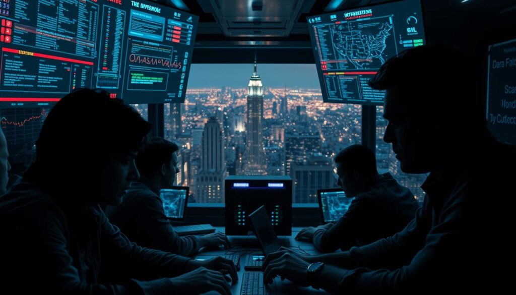 A dimly lit cybersecurity command center, with holographic displays projecting real-time data streams and intrusion alerts. In the foreground, a team of analysts pore over lines of code, their brows furrowed in concentration. The middle ground features a central hub of servers and networking equipment, casting an eerie glow. In the background, a sprawling cityscape is visible through the windows, its lights flickering ominously, hinting at the scale and gravity of the ongoing cyber threats. Dramatic shadows and highlights create a sense of high-stakes drama, as the team races to identify and mitigate the latest global cybercrime incident. A dimly lit cybersecurity command center, with holographic displays projecting real-time data streams and intrusion alerts. In the foreground, a team of analysts pore over lines of code, their brows furrowed in concentration. The middle ground features a central hub of servers and networking equipment, casting an eerie glow. In the background, a sprawling cityscape is visible through the windows, its lights flickering ominously, hinting at the scale and gravity of the ongoing cyber threats. Dramatic shadows and highlights create a sense of high-stakes drama, as the team races to identify and mitigate the latest global cybercrime incident.