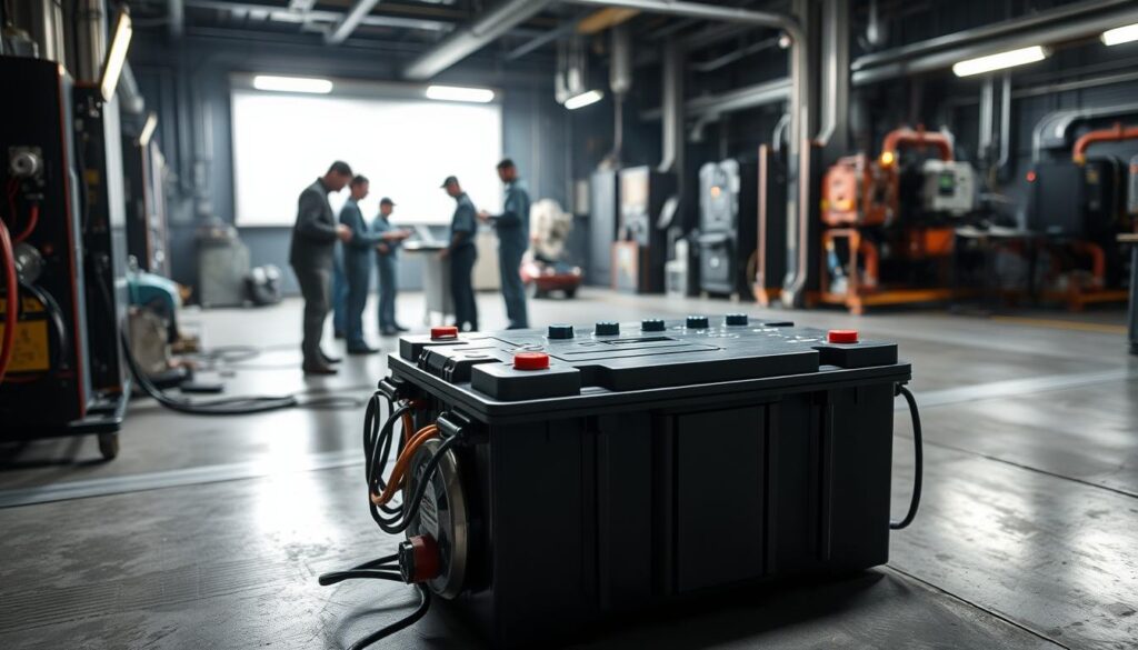 A dimly lit industrial setting, with a high-performance electric car battery pack placed prominently in the foreground. The battery is surrounded by intricate circuitry and cooling systems, hinting at the advanced technology required to manage its power and safety. In the middle ground, a team of engineers in protective gear examines the battery, conducting various tests and simulations. The background is shrouded in shadows, suggesting the challenges and potential risks associated with these cutting-edge energy storage solutions. The scene conveys a sense of technical sophistication and the need for rigorous safety protocols to address the concerns surrounding high-performance car batteries. A dimly lit industrial setting, with a high-performance electric car battery pack placed prominently in the foreground. The battery is surrounded by intricate circuitry and cooling systems, hinting at the advanced technology required to manage its power and safety. In the middle ground, a team of engineers in protective gear examines the battery, conducting various tests and simulations. The background is shrouded in shadows, suggesting the challenges and potential risks associated with these cutting-edge energy storage solutions. The scene conveys a sense of technical sophistication and the need for rigorous safety protocols to address the concerns surrounding high-performance car batteries.