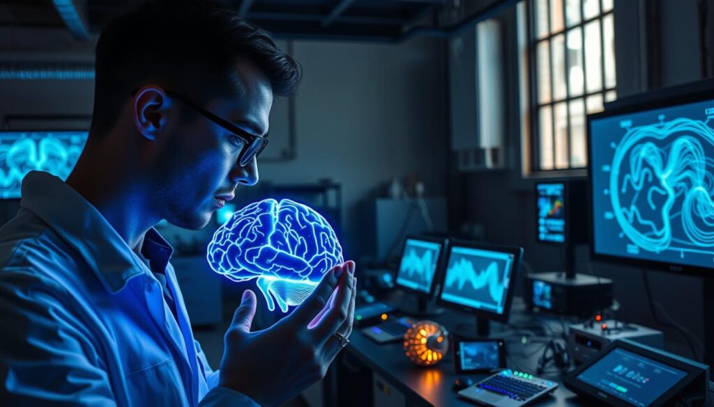 A dimly lit laboratory filled with cutting-edge neural interface technology. In the foreground, a scientist intently examines a holographic brain model, fingers tracing the intricate neural pathways. The middle ground features an array of EEG headsets, sensory nodes, and sleek computing devices, their displays showcasing complex brainwave data visualizations. The background is shrouded in a soft, blue-hued glow emanating from wall-mounted screens, creating an atmosphere of scientific inquiry and technological innovation. Natural light filters in through large, industrial-style windows, casting dramatic shadows and highlighting the precision of the research equipment. A dimly lit laboratory filled with cutting-edge neural interface technology. In the foreground, a scientist intently examines a holographic brain model, fingers tracing the intricate neural pathways. The middle ground features an array of EEG headsets, sensory nodes, and sleek computing devices, their displays showcasing complex brainwave data visualizations. The background is shrouded in a soft, blue-hued glow emanating from wall-mounted screens, creating an atmosphere of scientific inquiry and technological innovation. Natural light filters in through large, industrial-style windows, casting dramatic shadows and highlighting the precision of the research equipment.