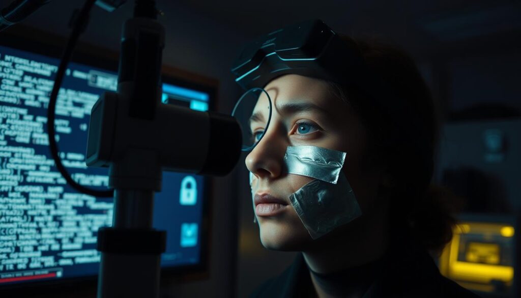 A dimly lit laboratory setting, with a high-resolution 3D facial scanning device pointed at a human face. The subject has various materials and accessories placed on their face, attempting to trick the biometric recognition system. The lighting is dramatic, casting shadows and highlights that obscure the true facial features. In the background, a digital display shows glitching and scrambled output, indicating the system's failure to accurately identify the subject. The overall atmosphere is one of high-tech intrigue and the subversion of security protocols. A dimly lit laboratory setting, with a high-resolution 3D facial scanning device pointed at a human face. The subject has various materials and accessories placed on their face, attempting to trick the biometric recognition system. The lighting is dramatic, casting shadows and highlights that obscure the true facial features. In the background, a digital display shows glitching and scrambled output, indicating the system's failure to accurately identify the subject. The overall atmosphere is one of high-tech intrigue and the subversion of security protocols.