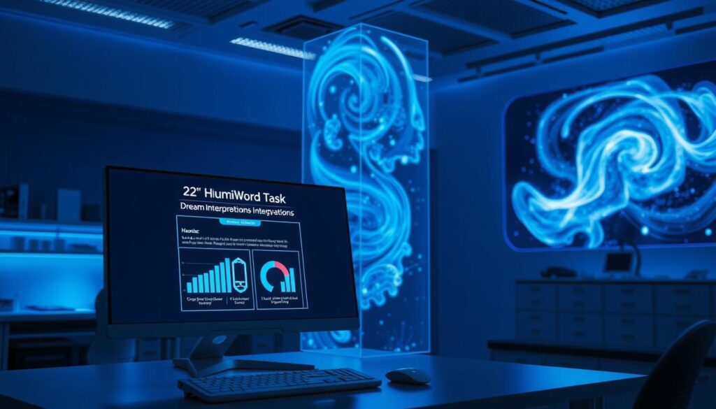 A dimly lit laboratory, with a sleek, futuristic workstation in the foreground. On the screen, a visual comparison of human and AI-generated dream interpretations, displayed in an elegant infographic. In the background, a towering holographic display showcases swirling, abstract dream imagery. Soft blue lighting casts an introspective glow, suggesting the deep exploration of the subconscious. The scene conveys a sense of scientific inquiry and the intersection of human and artificial intelligence in the realm of dream analysis. A dimly lit laboratory, with a sleek, futuristic workstation in the foreground. On the screen, a visual comparison of human and AI-generated dream interpretations, displayed in an elegant infographic. In the background, a towering holographic display showcases swirling, abstract dream imagery. Soft blue lighting casts an introspective glow, suggesting the deep exploration of the subconscious. The scene conveys a sense of scientific inquiry and the intersection of human and artificial intelligence in the realm of dream analysis.
