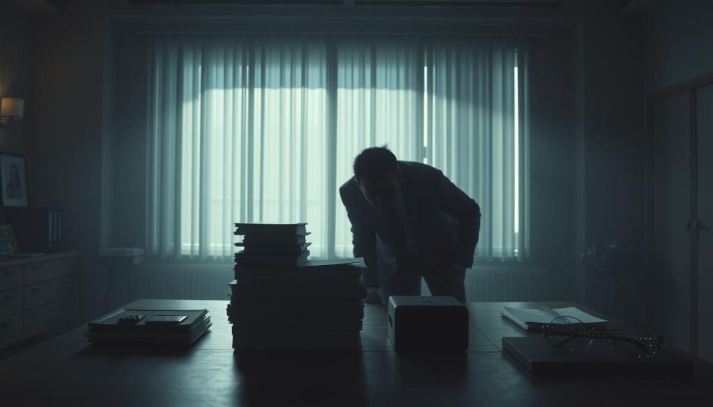 A dimly lit office scene, with an imposing desk and a large window in the background. On the desk, various objects symbolize the art of social engineering - a smartphone, a stack of files, and a subtle misdirection device. A lone figure, their face obscured in shadow, leans forward, their body language and expression conveying a sense of cunning and manipulation. The lighting casts dramatic shadows, creating an atmosphere of secrecy and psychological tension. The room is adorned with subtle details that evoke the themes of influence, persuasion, and the hidden power of human behavior. A dimly lit office scene, with an imposing desk and a large window in the background. On the desk, various objects symbolize the art of social engineering - a smartphone, a stack of files, and a subtle misdirection device. A lone figure, their face obscured in shadow, leans forward, their body language and expression conveying a sense of cunning and manipulation. The lighting casts dramatic shadows, creating an atmosphere of secrecy and psychological tension. The room is adorned with subtle details that evoke the themes of influence, persuasion, and the hidden power of human behavior.