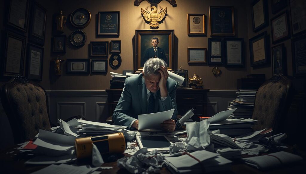 A dimly lit office, the walls adorned with tarnished awards and diplomas. In the center, a prominent figure sits hunched over a desk, surrounded by crumpled documents and digital devices. Their expression is one of deep anguish, as they grapple with the weight of a fallen reputation, the once-pristine image now tarnished by the aftermath of a sophisticated social engineering attack. The lighting is harsh, casting long shadows that symbolize the looming consequences of this breach. The scene conveys a sense of isolation and despair, a cautionary tale of the very real impact that advanced social engineering can have on individuals and organizations. A dimly lit office, the walls adorned with tarnished awards and diplomas. In the center, a prominent figure sits hunched over a desk, surrounded by crumpled documents and digital devices. Their expression is one of deep anguish, as they grapple with the weight of a fallen reputation, the once-pristine image now tarnished by the aftermath of a sophisticated social engineering attack. The lighting is harsh, casting long shadows that symbolize the looming consequences of this breach. The scene conveys a sense of isolation and despair, a cautionary tale of the very real impact that advanced social engineering can have on individuals and organizations.
