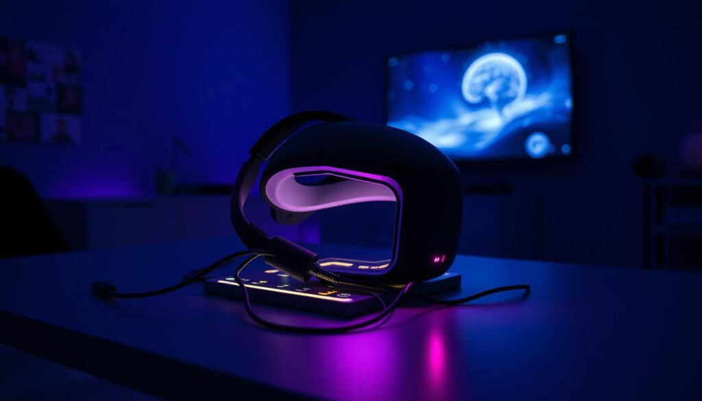 A dimly lit room, with a high-tech headset resting on a sleek, minimalist desk. The headset's wires snake across the surface, connecting to a glowing, futuristic interface. In the background, a large screen displays a surreal, dreamlike world, as if the user's mind is directly linked to the digital realm. The lighting is a moody blend of cool blues and soft purples, creating an atmospheric, contemplative mood. The scene conveys a sense of the convergence between technology and the human mind, hinting at the ethical and social implications of brain-connected entertainment. A dimly lit room, with a high-tech headset resting on a sleek, minimalist desk. The headset's wires snake across the surface, connecting to a glowing, futuristic interface. In the background, a large screen displays a surreal, dreamlike world, as if the user's mind is directly linked to the digital realm. The lighting is a moody blend of cool blues and soft purples, creating an atmospheric, contemplative mood. The scene conveys a sense of the convergence between technology and the human mind, hinting at the ethical and social implications of brain-connected entertainment.