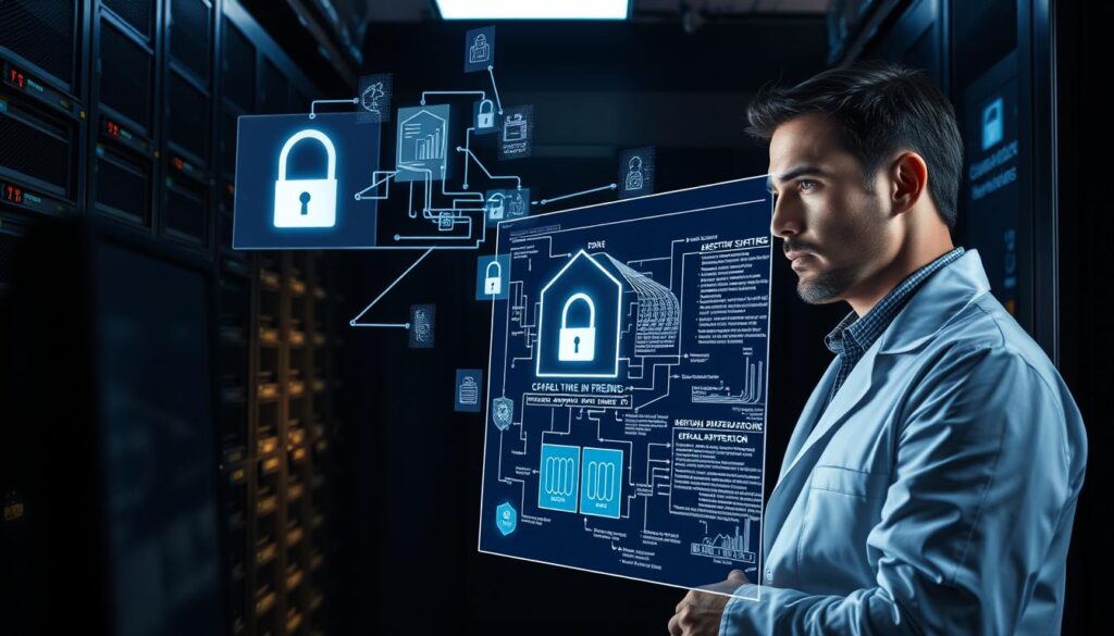 A dimly-lit server room, shelves of high-tech hardware casting long shadows. In the foreground, a security expert in a white lab coat examines a complex data visualization on a large monitor, brow furrowed in concentration. Holographic diagrams of firewall systems and encryption protocols float in the air, cybersecurity defenses like a digital fortress. The atmosphere is one of vigilance and technical mastery, conveying the essential role of data breach prevention strategies in the evolving landscape of cybersecurity threats. A dimly-lit server room, shelves of high-tech hardware casting long shadows. In the foreground, a security expert in a white lab coat examines a complex data visualization on a large monitor, brow furrowed in concentration. Holographic diagrams of firewall systems and encryption protocols float in the air, cybersecurity defenses like a digital fortress. The atmosphere is one of vigilance and technical mastery, conveying the essential role of data breach prevention strategies in the evolving landscape of cybersecurity threats.