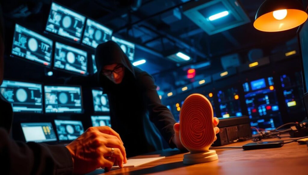 A dimly lit underground marketplace, illuminated by the glow of computer screens. In the foreground, a shadowy figure examines a 3D-printed fingerprint model, the tools of the biometric spoofing trade spread out before them. In the middle ground, a network of screens displays real-time biometric data, gathered surreptitiously. The background is a maze of server racks and blinking lights, the beating heart of this illicit biometric black market. The atmosphere is tense, sinister, a testament to the growing threat of biometric vulnerability in the digital age. A dimly lit underground marketplace, illuminated by the glow of computer screens. In the foreground, a shadowy figure examines a 3D-printed fingerprint model, the tools of the biometric spoofing trade spread out before them. In the middle ground, a network of screens displays real-time biometric data, gathered surreptitiously. The background is a maze of server racks and blinking lights, the beating heart of this illicit biometric black market. The atmosphere is tense, sinister, a testament to the growing threat of biometric vulnerability in the digital age.
