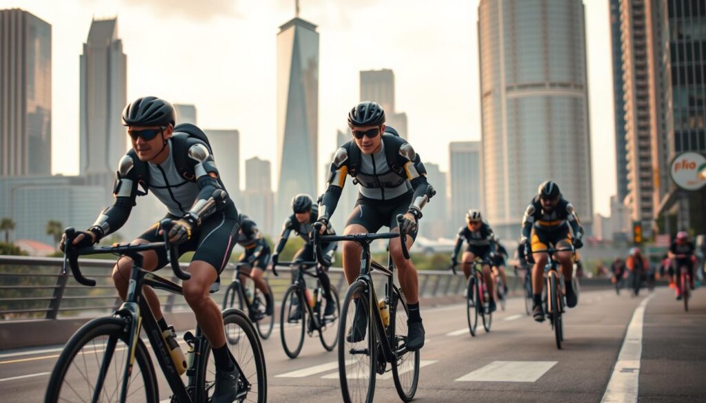A dynamic group of cyclists navigating the urban landscape, their bodies encased in sleek, futuristic exoskeletons. The foreground features a cyclist in profile, their limbs augmented by gleaming, articulated mechanical limbs that enhance their speed and mobility. In the middle ground, other cyclists weave through city streets, their exoskeletons seamlessly integrating with their natural movements. The background showcases a bustling metropolitan skyline, with towering skyscrapers and a vibrant, technologically-advanced environment. Soft, diffused lighting casts a warm, almost ethereal glow, creating a sense of awe and wonder at the integration of human and machine. The overall scene conveys a vision of transportation innovation, where the boundaries between the organic and the artificial blur, heralding a new era of enhanced personal mobility. A dynamic group of cyclists navigating the urban landscape, their bodies encased in sleek, futuristic exoskeletons. The foreground features a cyclist in profile, their limbs augmented by gleaming, articulated mechanical limbs that enhance their speed and mobility. In the middle ground, other cyclists weave through city streets, their exoskeletons seamlessly integrating with their natural movements. The background showcases a bustling metropolitan skyline, with towering skyscrapers and a vibrant, technologically-advanced environment. Soft, diffused lighting casts a warm, almost ethereal glow, creating a sense of awe and wonder at the integration of human and machine. The overall scene conveys a vision of transportation innovation, where the boundaries between the organic and the artificial blur, heralding a new era of enhanced personal mobility.