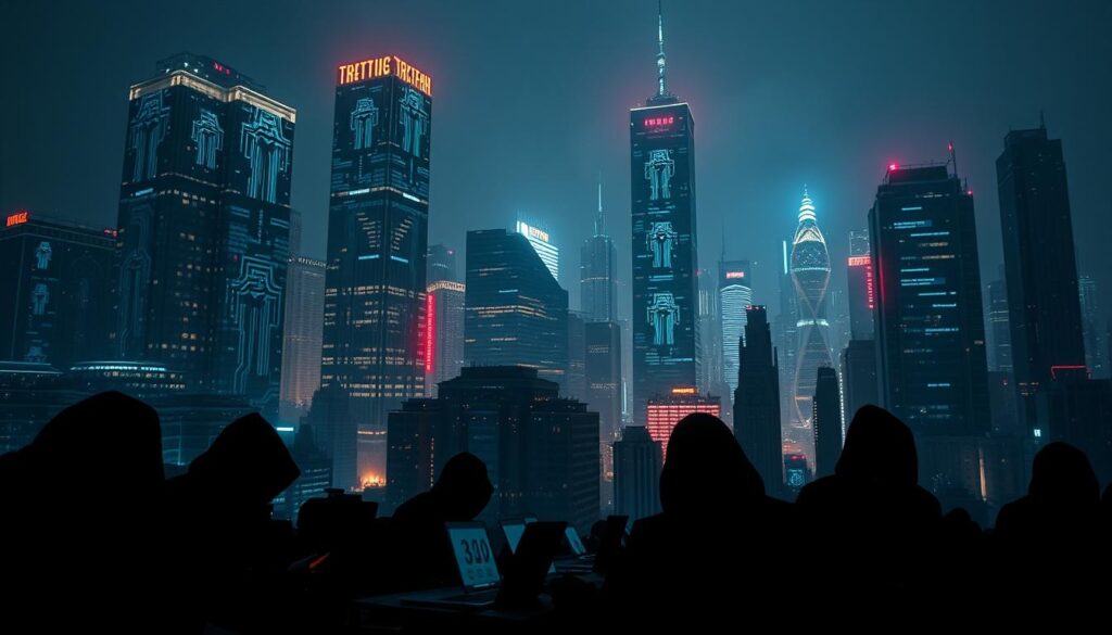 A dystopian cityscape in the dead of night, illuminated by the eerie glow of digital screens and holographic projections. Towering skyscrapers adorned with glowing circuit board patterns, their windows flickering with the ominous signals of a cyber attack in progress. In the foreground, shadowy figures clad in hooded garments hunched over laptops, their faces obscured by the glow of their screens. The air is thick with a sense of unease, as if the very fabric of the city is being torn apart by an invisible, digital onslaught. A cyberpunk landscape, where the line between the physical and the virtual has become dangerously blurred. A dystopian cityscape in the dead of night, illuminated by the eerie glow of digital screens and holographic projections. Towering skyscrapers adorned with glowing circuit board patterns, their windows flickering with the ominous signals of a cyber attack in progress. In the foreground, shadowy figures clad in hooded garments hunched over laptops, their faces obscured by the glow of their screens. The air is thick with a sense of unease, as if the very fabric of the city is being torn apart by an invisible, digital onslaught. A cyberpunk landscape, where the line between the physical and the virtual has become dangerously blurred.