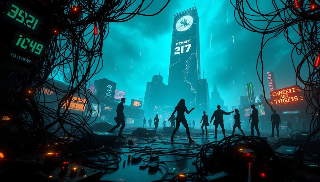 A dystopian cyberpunk landscape, illuminated by holographic displays and neon-tinged data streams. In the foreground, a network of tangled wires and glowing circuit boards, representing the intricate web of digital connections. The middle ground features silhouetted figures engaged in a dance of hacking and counter-hacking, their movements a blur of digital warfare. Towering in the background, a monolithic structure symbolizing the power structures of geopolitics, its facade cracked and glitching, reflecting the fragility of the digital age. The scene conveys a sense of unease and the blurring lines between cybercrime and cyberwar, where the virtual and physical realms collide. A dystopian cyberpunk landscape, illuminated by holographic displays and neon-tinged data streams. In the foreground, a network of tangled wires and glowing circuit boards, representing the intricate web of digital connections. The middle ground features silhouetted figures engaged in a dance of hacking and counter-hacking, their movements a blur of digital warfare. Towering in the background, a monolithic structure symbolizing the power structures of geopolitics, its facade cracked and glitching, reflecting the fragility of the digital age. The scene conveys a sense of unease and the blurring lines between cybercrime and cyberwar, where the virtual and physical realms collide.