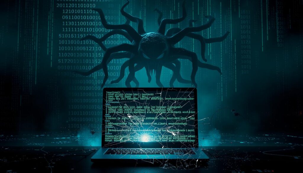 A dystopian cybersecurity landscape, where a sinister computer virus looms large against a darkened backdrop of binary code and glowing circuit boards. The virus appears as a menacing, abstract entity, its tendrils reaching out to infect vulnerable systems. In the foreground, a shattered computer screen depicts the aftermath of a successful ransomware attack, casting an ominous glow over the scene. Ominous shadows and eerie lighting create a sense of unease and impending danger, reflecting the grave threat posed by modern cyber threats. The overall atmosphere is one of technological dread and the urgent need for robust cybersecurity measures. A dystopian cybersecurity landscape, where a sinister computer virus looms large against a darkened backdrop of binary code and glowing circuit boards. The virus appears as a menacing, abstract entity, its tendrils reaching out to infect vulnerable systems. In the foreground, a shattered computer screen depicts the aftermath of a successful ransomware attack, casting an ominous glow over the scene. Ominous shadows and eerie lighting create a sense of unease and impending danger, reflecting the grave threat posed by modern cyber threats. The overall atmosphere is one of technological dread and the urgent need for robust cybersecurity measures.