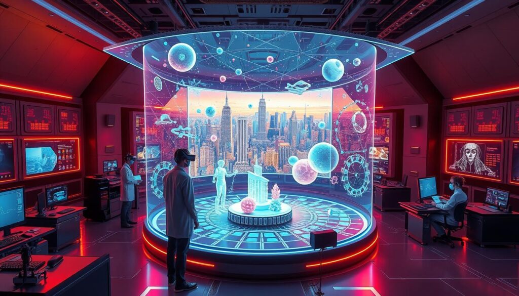 A futuristic AI video generation studio, with a large holographic display showcasing dynamic 3D animations. The foreground features sleek, high-tech equipment and workstations, with engineers in lab coats and virtual reality headsets manipulating the visuals. The middle ground has a panoramic view of a sophisticated control center, with advanced neural networks and data visualization arrays. The background depicts a vast, luminous cityscape, hinting at the scale and potential of this cutting-edge technology. Warm, vivid lighting and a sense of anticipation and innovation permeate the scene. A futuristic AI video generation studio, with a large holographic display showcasing dynamic 3D animations. The foreground features sleek, high-tech equipment and workstations, with engineers in lab coats and virtual reality headsets manipulating the visuals. The middle ground has a panoramic view of a sophisticated control center, with advanced neural networks and data visualization arrays. The background depicts a vast, luminous cityscape, hinting at the scale and potential of this cutting-edge technology. Warm, vivid lighting and a sense of anticipation and innovation permeate the scene.