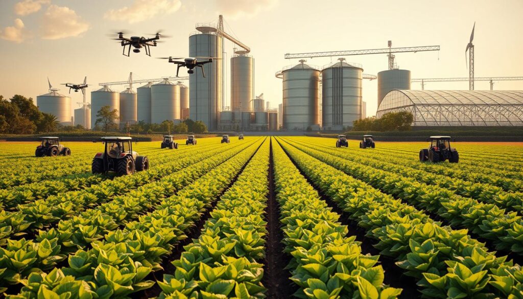 A futuristic agricultural landscape showcasing state-of-the-art farming technologies. In the foreground, a fleet of autonomous tractors meticulously tending to rows of lush, verdant crops. In the middle ground, drones equipped with multispectral cameras monitor crop health, while a centralized control room analyzes real-time data. In the background, towering silos and greenhouses powered by renewable energy systems, creating a self-sustaining ecosystem. The scene is bathed in a warm, golden glow, conveying a sense of efficiency, innovation, and the harmony between technology and nature. Captured with a wide-angle lens to encompass the full scope of this tech-driven agricultural paradise. A futuristic agricultural landscape showcasing state-of-the-art farming technologies. In the foreground, a fleet of autonomous tractors meticulously tending to rows of lush, verdant crops. In the middle ground, drones equipped with multispectral cameras monitor crop health, while a centralized control room analyzes real-time data. In the background, towering silos and greenhouses powered by renewable energy systems, creating a self-sustaining ecosystem. The scene is bathed in a warm, golden glow, conveying a sense of efficiency, innovation, and the harmony between technology and nature. Captured with a wide-angle lens to encompass the full scope of this tech-driven agricultural paradise.