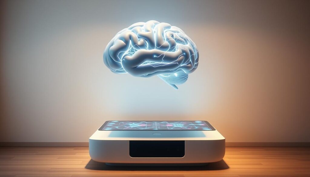 A futuristic brain-computer interface device, floating above a sleek, minimalist entertainment console. The device has a smooth, organic shape with intricate neural circuitry visible, pulsing with electric energy. The console beneath features a holographic display, projecting vivid, immersive visuals. Soft, indirect lighting casts a warm, contemplative glow, creating an atmosphere of innovative, mind-expanding technology. The scene conveys a sense of seamless integration between the human mind and advanced entertainment systems, hinting at the possibilities of a future where our brains and digital experiences are intertwined. A futuristic brain-computer interface device, floating above a sleek, minimalist entertainment console. The device has a smooth, organic shape with intricate neural circuitry visible, pulsing with electric energy. The console beneath features a holographic display, projecting vivid, immersive visuals. Soft, indirect lighting casts a warm, contemplative glow, creating an atmosphere of innovative, mind-expanding technology. The scene conveys a sense of seamless integration between the human mind and advanced entertainment systems, hinting at the possibilities of a future where our brains and digital experiences are intertwined.