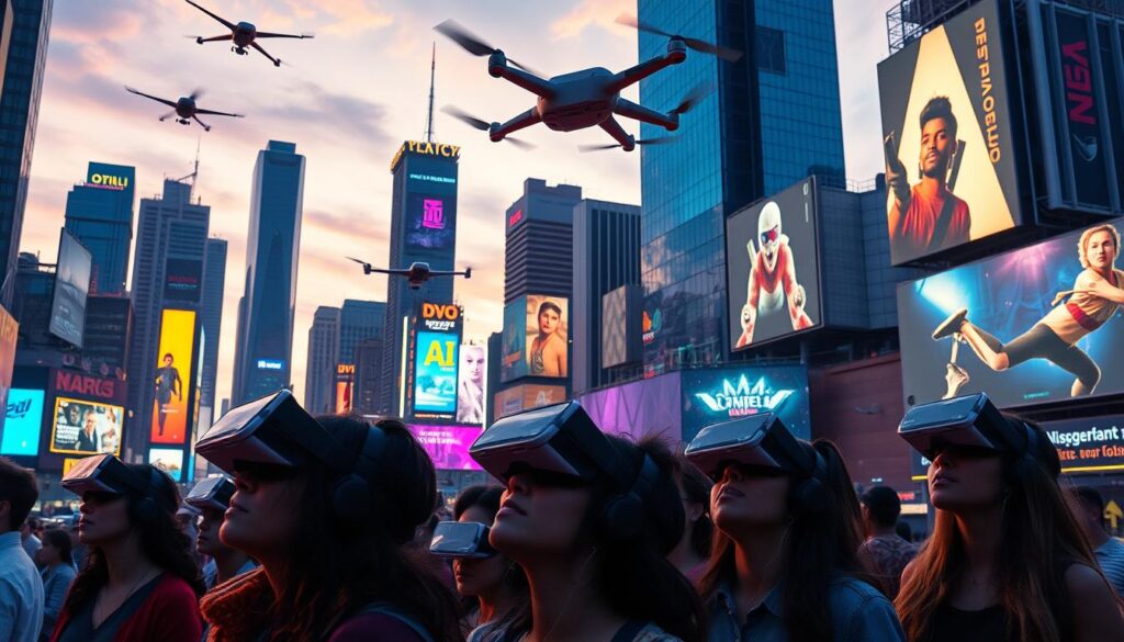 A futuristic cityscape at dusk, with towering skyscrapers and neon-lit billboards showcasing AI-powered entertainment experiences. In the foreground, a group of diverse individuals immersed in virtual reality headsets, their faces illuminated by the glow of the screens. Overhead, drones and holograms seamlessly integrate digital content with the physical environment. The scene is bathed in a warm, cinematic lighting, creating a sense of excitement and anticipation for the future of AI-driven entertainment. A futuristic cityscape at dusk, with towering skyscrapers and neon-lit billboards showcasing AI-powered entertainment experiences. In the foreground, a group of diverse individuals immersed in virtual reality headsets, their faces illuminated by the glow of the screens. Overhead, drones and holograms seamlessly integrate digital content with the physical environment. The scene is bathed in a warm, cinematic lighting, creating a sense of excitement and anticipation for the future of AI-driven entertainment.