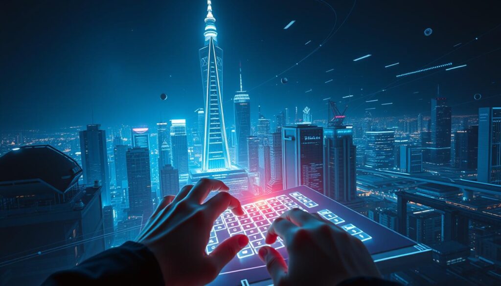 A futuristic cityscape at night, with a central tower glowing with an ethereal light, representing the power of generative AI for text creation. In the foreground, a pair of hands typing on a sleek holographic keyboard, their movement blurred with the speed of text generation. The background is filled with floating data streams, lines of code, and abstract shapes, creating a sense of technological dynamism. The lighting is dramatic, with a cool blue hue casting long shadows and accentuating the architectural details. The camera angle is slightly elevated, giving a bird's-eye view of the scene, conveying the scale and significance of this cutting-edge technology. A futuristic cityscape at night, with a central tower glowing with an ethereal light, representing the power of generative AI for text creation. In the foreground, a pair of hands typing on a sleek holographic keyboard, their movement blurred with the speed of text generation. The background is filled with floating data streams, lines of code, and abstract shapes, creating a sense of technological dynamism. The lighting is dramatic, with a cool blue hue casting long shadows and accentuating the architectural details. The camera angle is slightly elevated, giving a bird's-eye view of the scene, conveying the scale and significance of this cutting-edge technology.