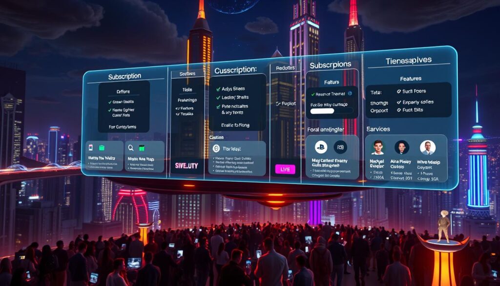 A futuristic cityscape floats in the air, skyscrapers and floating platforms connected by glowing bridges. In the foreground, a holographic display showcases various subscription options for streaming services, each with unique features and pricing tiers. Sleek user interfaces and customizable avatars hint at the personalized viewing experiences. The middle ground features crowds of people interacting with their devices, immersed in the seamless integration of entertainment and technology. The background depicts a night sky, illuminated by the vibrant neon lights of this advanced metropolis, symbolizing the dynamic and ever-evolving nature of the streaming industry. A futuristic cityscape floats in the air, skyscrapers and floating platforms connected by glowing bridges. In the foreground, a holographic display showcases various subscription options for streaming services, each with unique features and pricing tiers. Sleek user interfaces and customizable avatars hint at the personalized viewing experiences. The middle ground features crowds of people interacting with their devices, immersed in the seamless integration of entertainment and technology. The background depicts a night sky, illuminated by the vibrant neon lights of this advanced metropolis, symbolizing the dynamic and ever-evolving nature of the streaming industry.