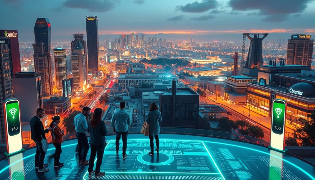 A futuristic cityscape with gleaming skyscrapers and bustling streets, illuminated by the glow of advanced wireless charging stations. In the foreground, a group of people gather around a sleek, holographic display, examining detailed charts and graphs that illustrate the exponential growth of the remote energy transfer technology market. The middle ground features an array of cutting-edge devices, from electric vehicles to smart home appliances, all seamlessly connected and charging wirelessly. In the background, a dynamic landscape of research facilities and manufacturing plants, their facades adorned with the logos of leading technology companies. The scene is bathed in a warm, futuristic light, conveying a sense of progress, innovation, and the imminent transformation of our energy landscape. A futuristic cityscape with gleaming skyscrapers and bustling streets, illuminated by the glow of advanced wireless charging stations. In the foreground, a group of people gather around a sleek, holographic display, examining detailed charts and graphs that illustrate the exponential growth of the remote energy transfer technology market. The middle ground features an array of cutting-edge devices, from electric vehicles to smart home appliances, all seamlessly connected and charging wirelessly. In the background, a dynamic landscape of research facilities and manufacturing plants, their facades adorned with the logos of leading technology companies. The scene is bathed in a warm, futuristic light, conveying a sense of progress, innovation, and the imminent transformation of our energy landscape.