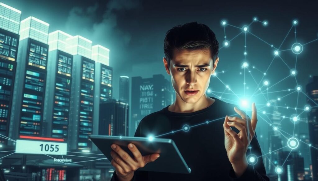 A futuristic cityscape with towering data centers and holographic displays, casting an ominous glow. In the foreground, a person hesitantly interacts with a sleek, minimalist digital interface, their expression one of concern. Intersecting data streams and algorithms flow around them, hinting at the complex web of personal information powering a personalized dietary recommendation system. The scene conveys the tension between the promise of personalized health guidance and the potential risks to individual privacy. Soft, cool lighting and a muted color palette evoke a sense of unease, underscoring the need for ethical considerations in the age of algorithmic dietary guidance. A futuristic cityscape with towering data centers and holographic displays, casting an ominous glow. In the foreground, a person hesitantly interacts with a sleek, minimalist digital interface, their expression one of concern. Intersecting data streams and algorithms flow around them, hinting at the complex web of personal information powering a personalized dietary recommendation system. The scene conveys the tension between the promise of personalized health guidance and the potential risks to individual privacy. Soft, cool lighting and a muted color palette evoke a sense of unease, underscoring the need for ethical considerations in the age of algorithmic dietary guidance.