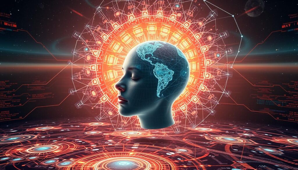 A futuristic digital landscape, illuminated by a kaleidoscope of fractal patterns and ethereal light. In the foreground, a disembodied human head floats, its eyes closed in a state of deep contemplation, as if delving into the subconscious realm. Surrounding it, a swirling array of holographic interfaces, data visualizations, and neural networks, creating an immersive experience of the inner workings of the dreaming mind. The background is a vast, cosmic expanse, hinting at the boundless potential of artificial intelligence to unravel the mysteries of the human psyche. The overall mood is one of wonder, curiosity, and the convergence of technology and the subconscious. A futuristic digital landscape, illuminated by a kaleidoscope of fractal patterns and ethereal light. In the foreground, a disembodied human head floats, its eyes closed in a state of deep contemplation, as if delving into the subconscious realm. Surrounding it, a swirling array of holographic interfaces, data visualizations, and neural networks, creating an immersive experience of the inner workings of the dreaming mind. The background is a vast, cosmic expanse, hinting at the boundless potential of artificial intelligence to unravel the mysteries of the human psyche. The overall mood is one of wonder, curiosity, and the convergence of technology and the subconscious.