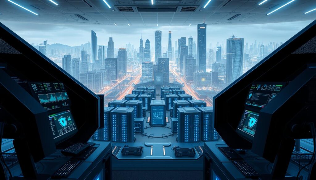 A futuristic, high-tech cybersecurity landscape with a focus on EDR (Endpoint Detection and Response) solutions. In the foreground, sleek, angular workstations with detailed displays showcasing real-time threat monitoring and response capabilities. In the middle ground, a cluster of interconnected servers and storage systems, their blue and green indicator lights pulsing with activity. In the background, a cityscape of towering skyscrapers and bustling streets, reflecting the dynamic nature of the modern cybersecurity environment. The scene is bathed in a cool, metallic color palette, conveying a sense of precision, power, and technological prowess. The overall atmosphere is one of vigilance, innovation, and the relentless pursuit of security in an increasingly digital world. A futuristic, high-tech cybersecurity landscape with a focus on EDR (Endpoint Detection and Response) solutions. In the foreground, sleek, angular workstations with detailed displays showcasing real-time threat monitoring and response capabilities. In the middle ground, a cluster of interconnected servers and storage systems, their blue and green indicator lights pulsing with activity. In the background, a cityscape of towering skyscrapers and bustling streets, reflecting the dynamic nature of the modern cybersecurity environment. The scene is bathed in a cool, metallic color palette, conveying a sense of precision, power, and technological prowess. The overall atmosphere is one of vigilance, innovation, and the relentless pursuit of security in an increasingly digital world.