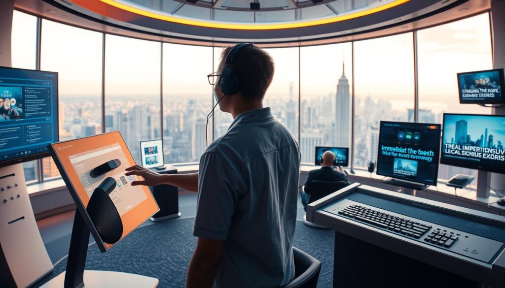 A futuristic interior of a streaming platform's accessibility hub, showcasing a range of assistive technologies. In the foreground, a user navigates a voice-controlled interface on a large, high-resolution touchscreen display. Nearby, a haptic control panel and a Braille keyboard enable seamless interaction. In the middle ground, immersive audio systems and closed captioning screens create an inclusive viewing experience. The background features a panoramic window overlooking a bustling city skyline, bathed in warm, natural lighting. The overall atmosphere conveys a sense of technological innovation, accessibility, and social inclusion. A futuristic interior of a streaming platform's accessibility hub, showcasing a range of assistive technologies. In the foreground, a user navigates a voice-controlled interface on a large, high-resolution touchscreen display. Nearby, a haptic control panel and a Braille keyboard enable seamless interaction. In the middle ground, immersive audio systems and closed captioning screens create an inclusive viewing experience. The background features a panoramic window overlooking a bustling city skyline, bathed in warm, natural lighting. The overall atmosphere conveys a sense of technological innovation, accessibility, and social inclusion.